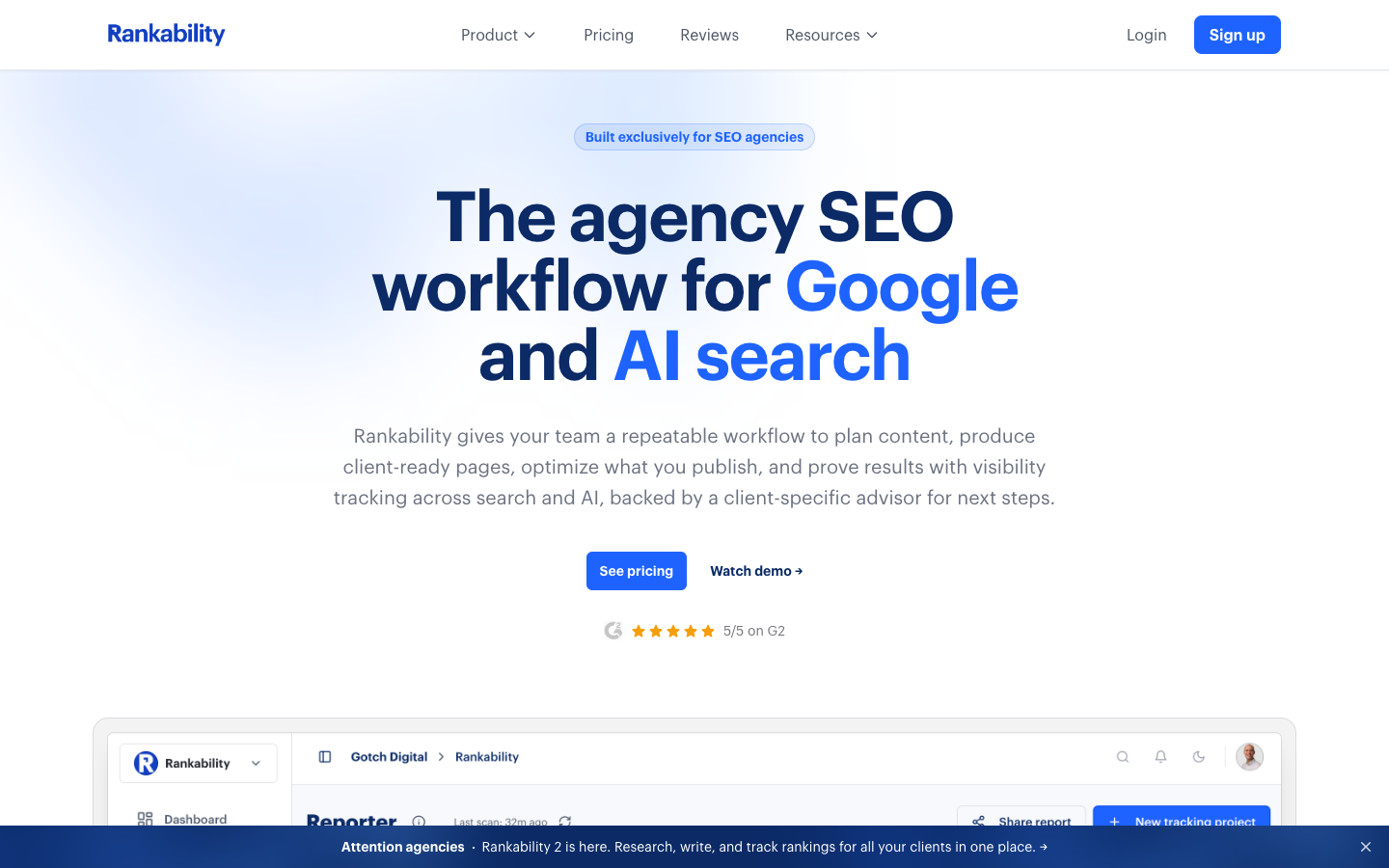 Rankability Agency SEO Workflow Tool Homepage - Best for SEO and AI Search Tracking