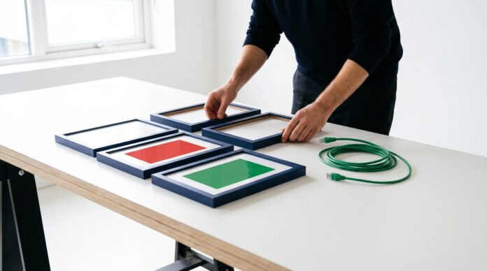 Designer aligning blank device frames that show only color blocks, a visual for Designer aligning blank device frames that show only color blocks, a visual for stopping design drift