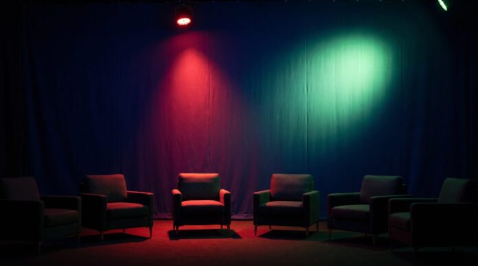 Empty webinar stage with a navy backdrop and red light, no slides or logos, a vi Empty webinar stage with a navy backdrop and red light, no slides or logos, a visual for corporate B2B webinars