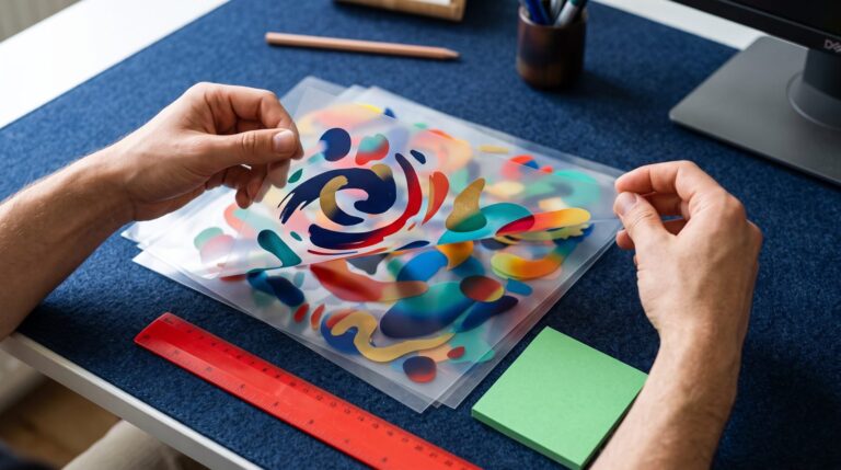 Hands lifting transparent sheets of abstract color shapes, a visual for separating a locked infographic into editable layers