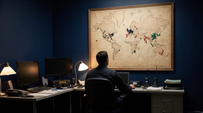 Operator at a desk facing a wall map with unlabeled colored pins, a visual for m Operator at a desk facing a wall map with unlabeled colored pins, a visual for multi-location lead generation