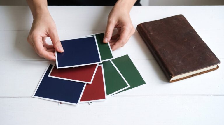 Hands arranging blank color prints on a white table, a visual for earning AI Overview citations with multimedia and no readable text