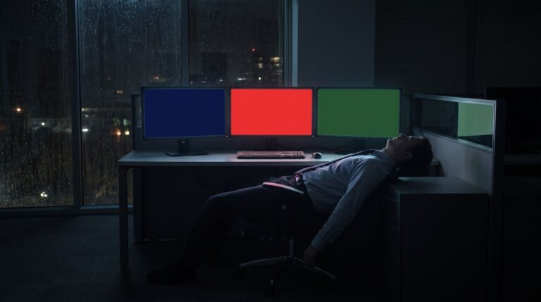 Operator asleep in a night office facing three solid-color monitors, a visual for an AI agent control tower with no on-screen text