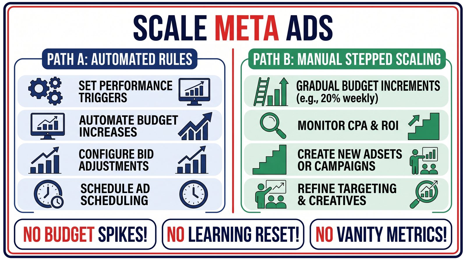 Infographic comparing automated rules and manual stepped scaling for Meta ads, with warnings against budget spikes, learning reset, and vanity metrics